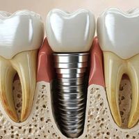 Querschnittmodell einer Zahnreihe mit einem k&uuml;nstlichen Zahnimplantat zwischen gesunden Z&auml;hnen.